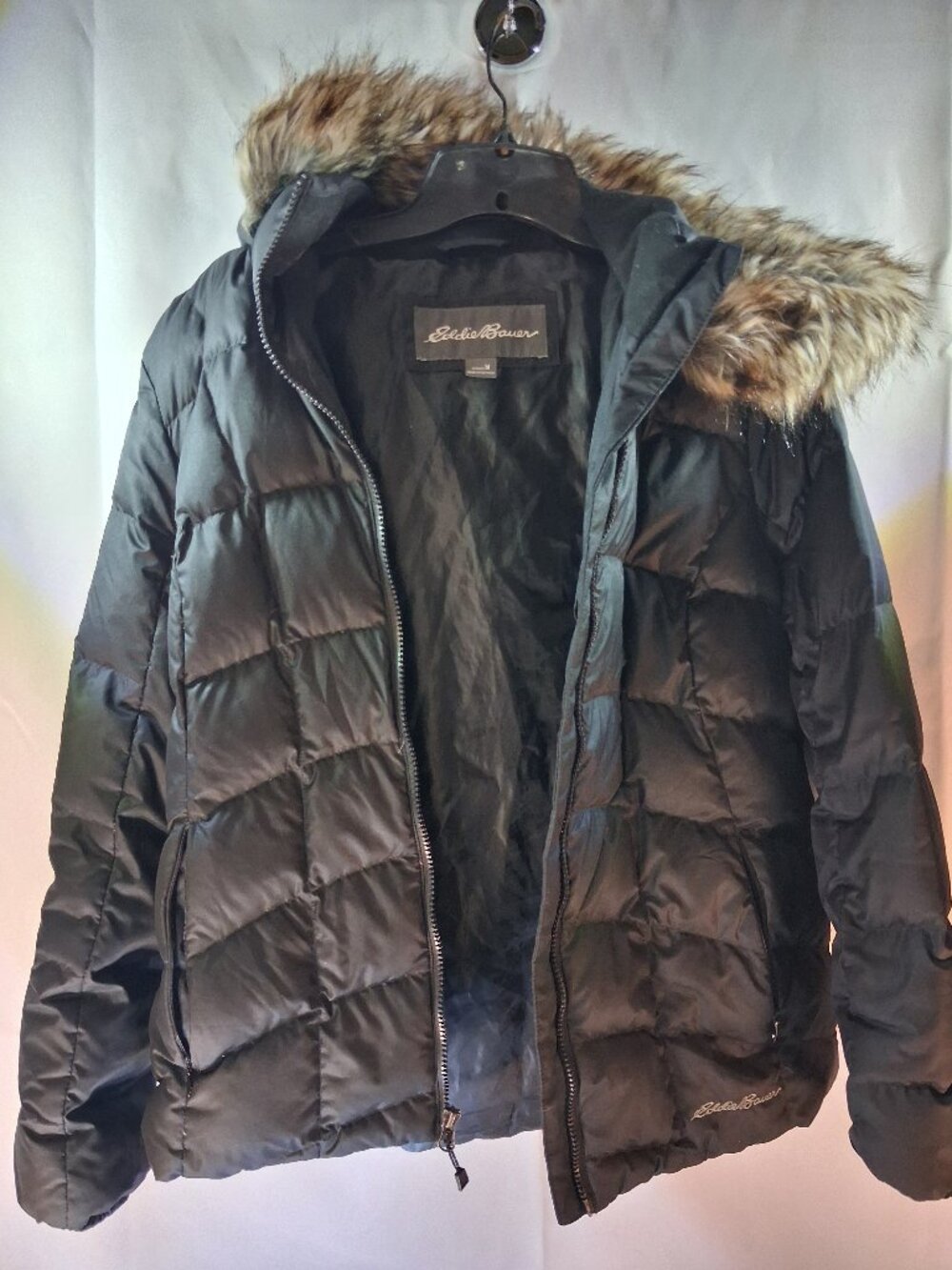 Eddie Bauer Black Quilted Puffer Jacket Faux Fur Hood Women's Size M